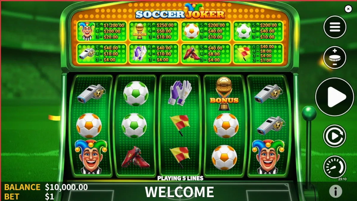 Interface do jogo Soccer Joker com elementos de futebol e neon