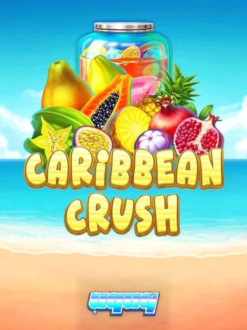 Interface vibrante e tropical do slot Caribbean Crush com frutas exóticas e cenário de praia.
