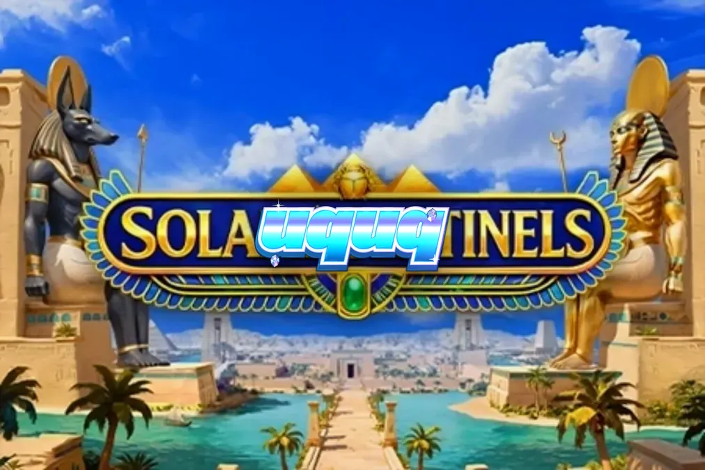Cenário cinematográfico do slot Solar Sentinels com monumentos egípcios e grade de jogo 3x3